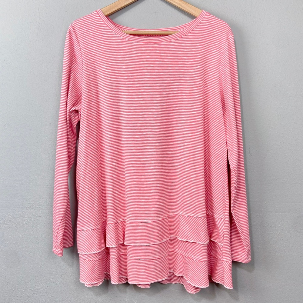 Soft Surroundings Tunic Top Womens L Red Pink Striped Ruffle Hem Long Sleeve